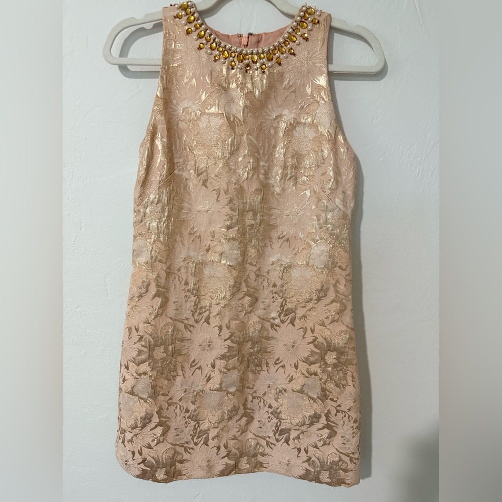 Maggie London Gold Floral Brocade Dress with Beaded Neckline - Fits Like Size 2